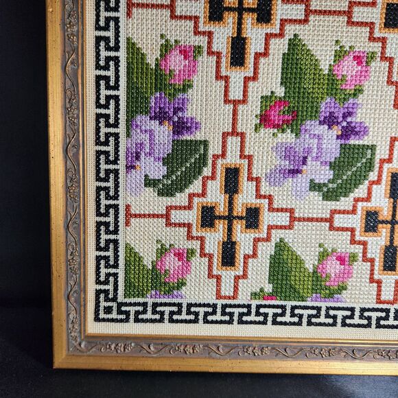 Cross Stitch Wall Art Hand Stitched Geometric w Violets & Roses Frame Greek Key - Picture 3 of 6